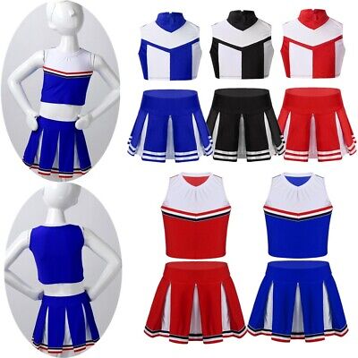 Cheerleader Fancy Dress Uniform Costume Girls Kids School Crop Top+Pleated Skirt