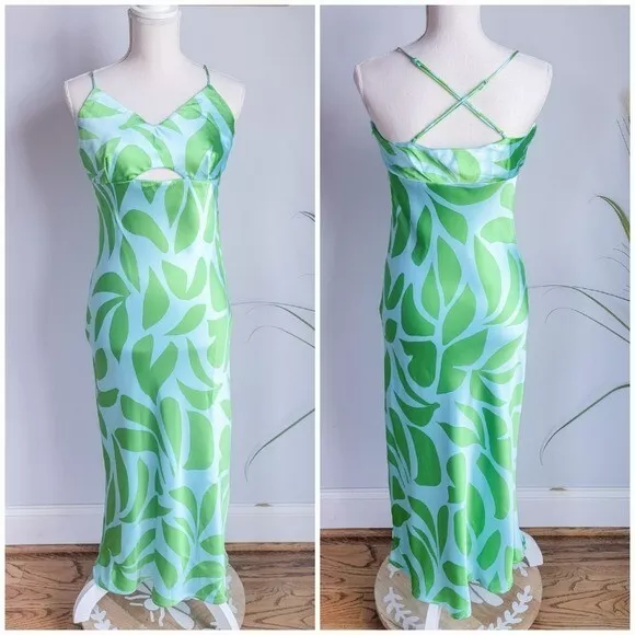 House of Harlow, New, Revolve Satin Green Strappy Cutout Maxi Dress, Size Medium