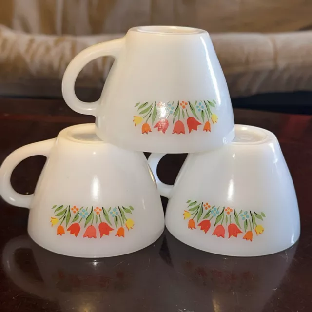 3 Vintage Fire King Milk Glass Tulips Flower Floral Cup Anchor Hocking Tea Mug