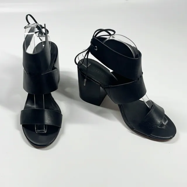 REBECCA MINKOFF Christy Block Heel Wrap Around Ties Black Leather Sandals 8 PRC