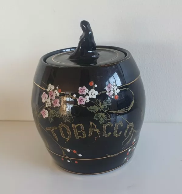 Antique English Earthernware Tobacco Jar, Hand Painted & Gilded