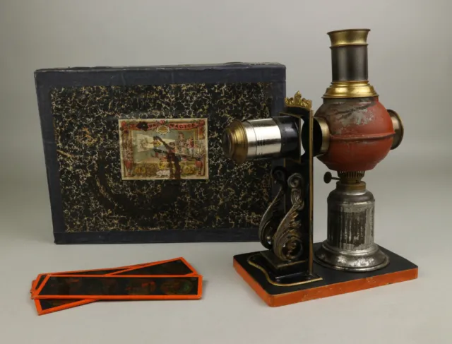 Alte Ernst Plank Laterna Magica um 1890 OVP Glasbilder Magic Lantern Antik Blech