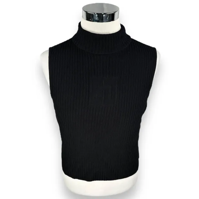 St John Sweater Womens Medium Logo Black Knit Wool Mock Neck Sleeveless Pullover