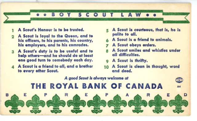 1940s The Royal Bank of Canada Ink Blotter Boy Scout Law Be Prepared Logo   E-1