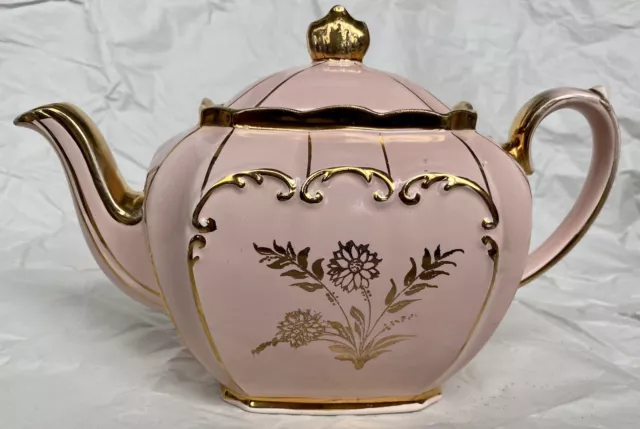 Sadler 1940’s Pink and Gold Cube Teapot with Floral Motif