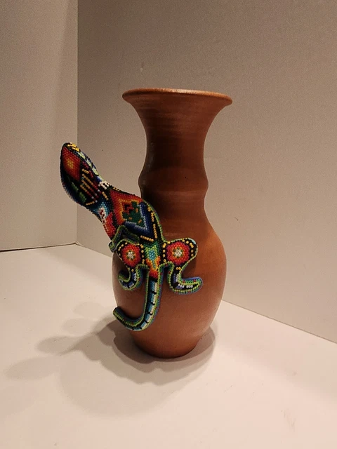 Huichol Hand Beaded Lizard On Pottery From Mexico