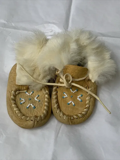 Taos Beaded Leather Baby 6-12 Months Moccasins Shoes Slippers Soft Fur