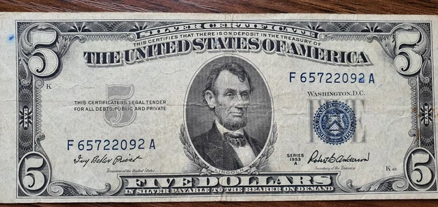 1953 -A $5 Us Dollars Silver Certificate Usa Blue Seal Note Banknote 