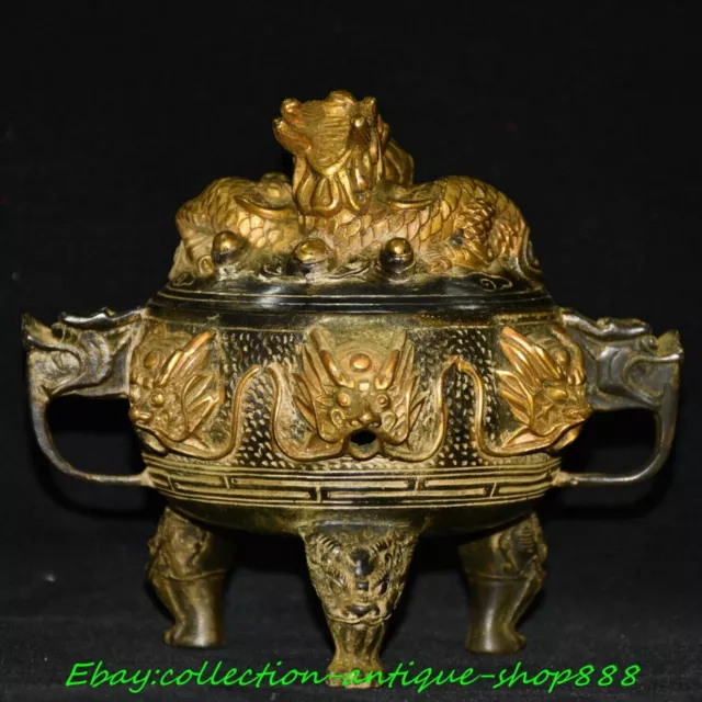 Marked Chinese Dynasty Bronze Gilt Fengshui 9 Dragon 3 leg Incense Burner Censer