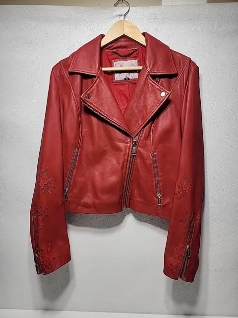 Andrew Marc AM82 Weslyn Leather Moto Jacket Size: L Embroidered Flowers Red