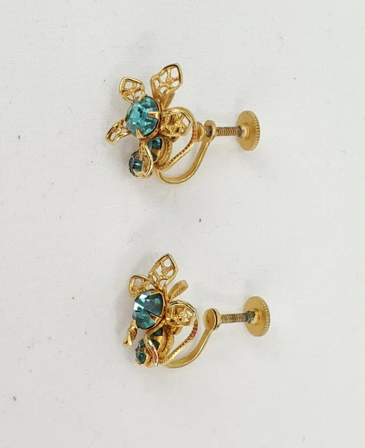 Vtg 1930s Earrings Gold Tone Floral Rhinestones Blue Flowers Antique Screwback