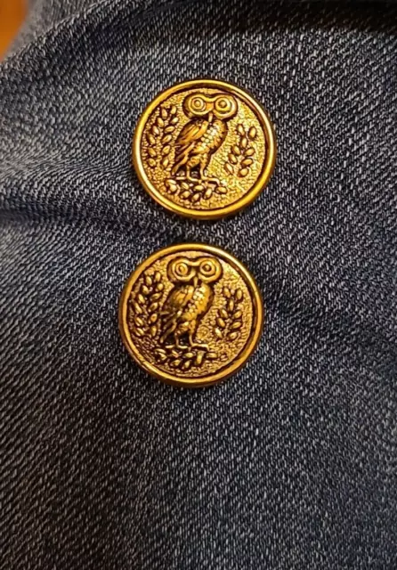 TWO Vintage Metal Picture Buttons Athenian Greek Owl Large Eyes Bird Olive Leaf