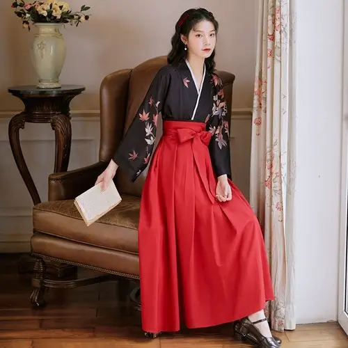 Kimono Japanese  Traditional Dress Set Women Geisha Leaf Print Shirts FairySkirt