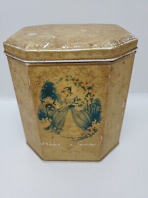 Antique Old English made Biscuit Tin Octagon Shape Victorian Print Era AS is