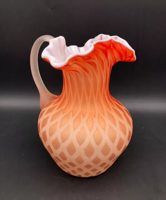 Beautiful Orange Diamond Quilted Satin Glass Pitcher with Ruffled Top 7 1/2"