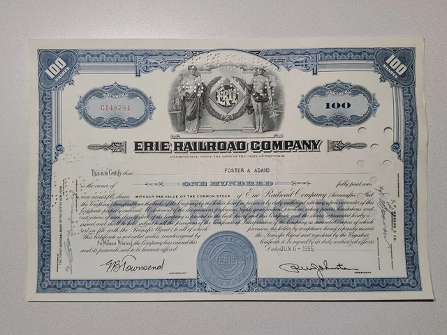 Erie Railroad Cancelled Stock Certificate