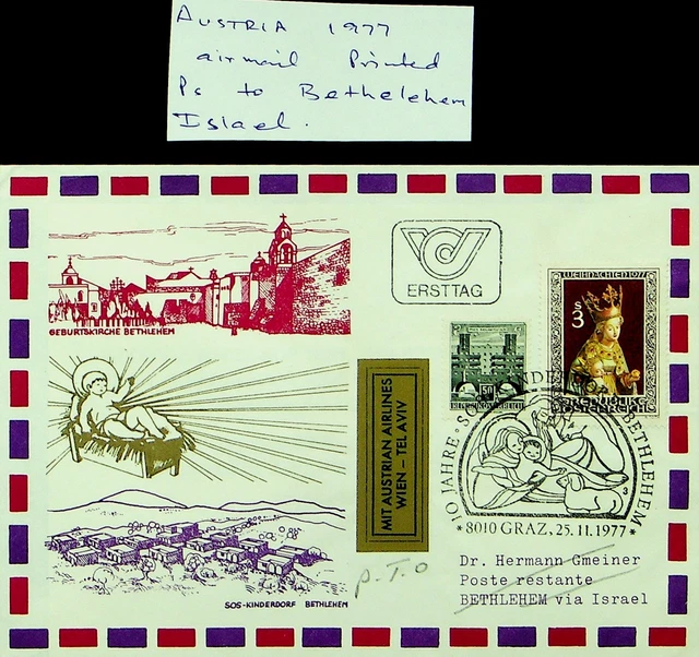 Österreich 1977 Weihnachten 2v Auf Luftpost Bedruckt FDC Bethlehem Via Israel