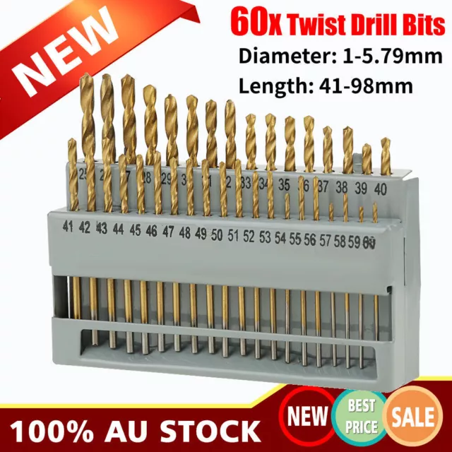 60pc Drill Bit Set Straight HSS High Speed Steel Bits Numbered #1#60 Metal Case