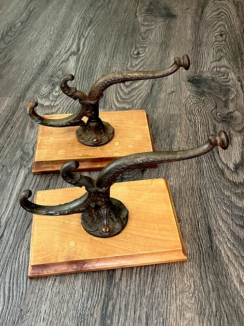 Antique Victorian Ornate Cast Iron wall hook PAIR Vintage Shabby Chic Coat Old