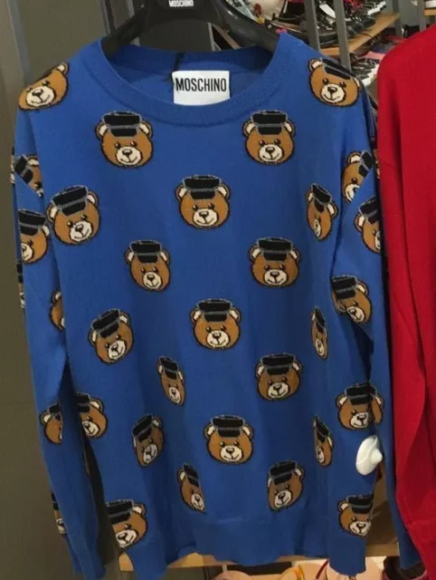 Moschino Couture Jeremy Scott All Over Teddy Bears Policeman Blue Wool Sweater