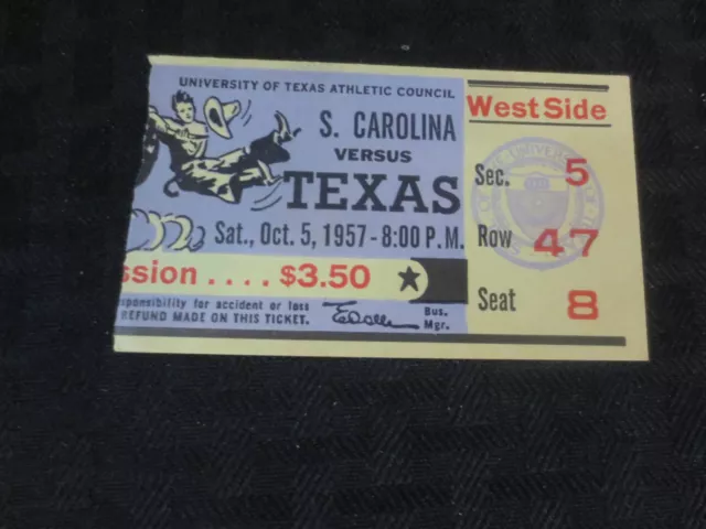 Texas Longhorns Football Ticket  VS South Carolina Oct 5, 1957