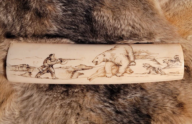 Vintage Alaskan Inuit Eskimo Scrimshaw 2 sides signed 1988 Polar Bear dog sled Vintage Alaskan Inuit Eskimo Scrimshaw 2 sides signed 1988 Polar Bear dog sled