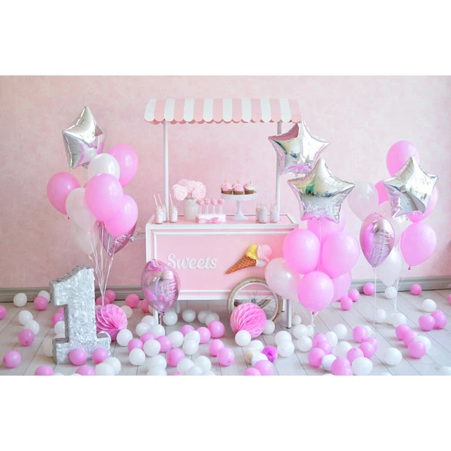 MEHOFOND 7X5ft Ragazza 1 ° Compleanno Fotografia Sfondo Fiori Rosa Palloncini Farfalla Ragazze 1 ° Festa di Compleanno Torta Smash Decor Pastello Ritratto Foto Sfondo Banner Photo Studio Puntelli