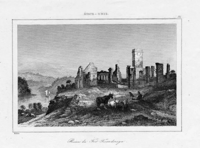 1840 - Ticonderoga Fort Festung Ruine New York America engraving Stahlstich