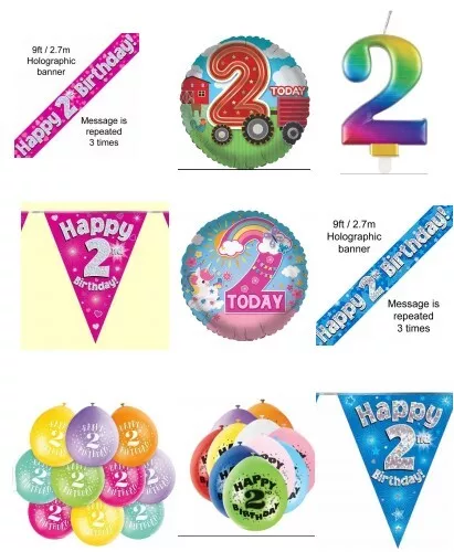 2nd BIRTHDAY PARTY DECORATIONS - balloons  banners  buntings PINK BLUE girl boy