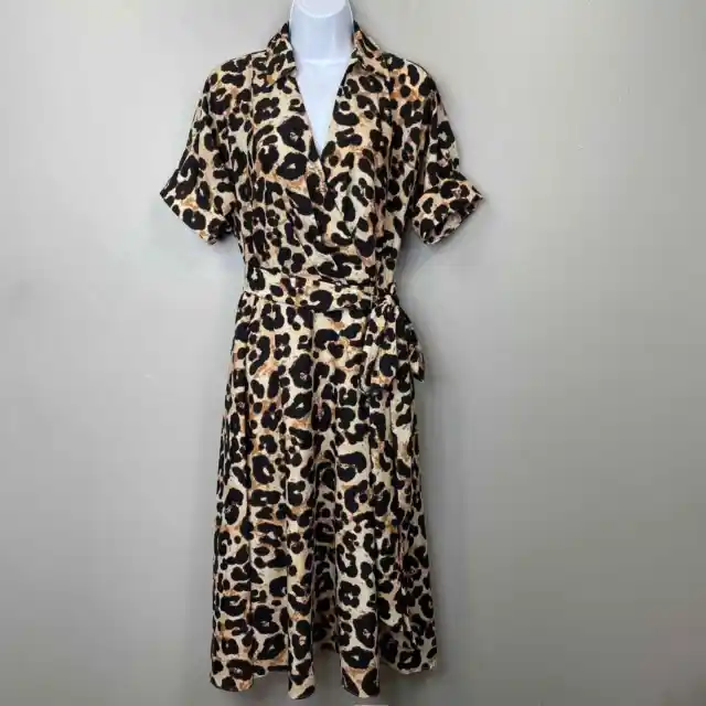 Eliza J Leopard Animal Print Midi Shirtdress Womens 6 Brown Pockets Tie Waist