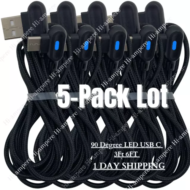 5 Pack 3/6Ft 90 Degree Right Angle USB Type C Fast Charger Cable Lot For Samsung