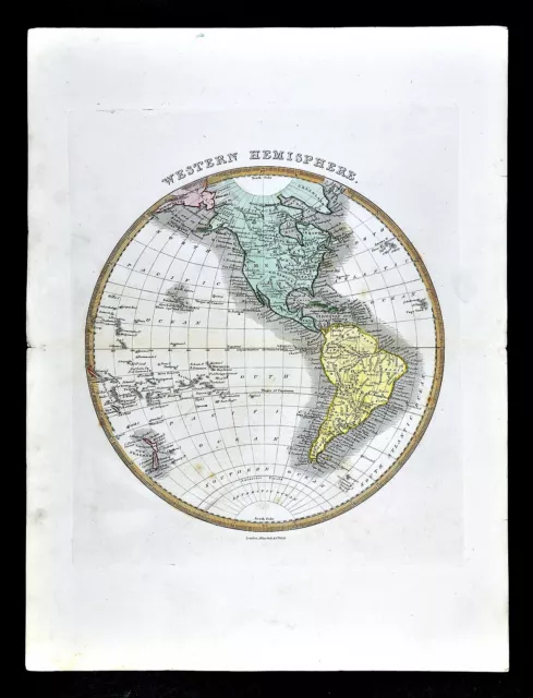 1839 Bell Antique Map World Western Hemisphere North South America Pacific Ocean