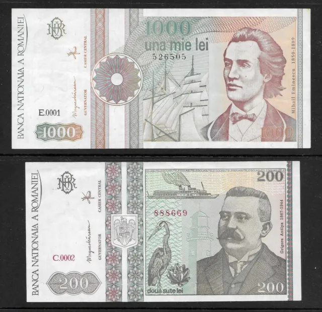 Romania 2 Banknotes 200 Lei 1992 & 1000 Lei 1991+Watermarks, Very Good Condition