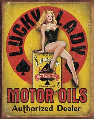 Lucky Lady Motor Oils Pin-Up Tin Metal Sign MADE IN USA Retro Advertising Garage