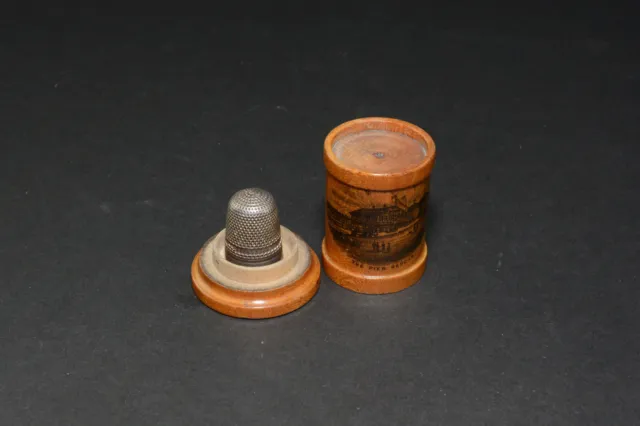 Antique wooden thimble holder with thimble The Pier Redcar E