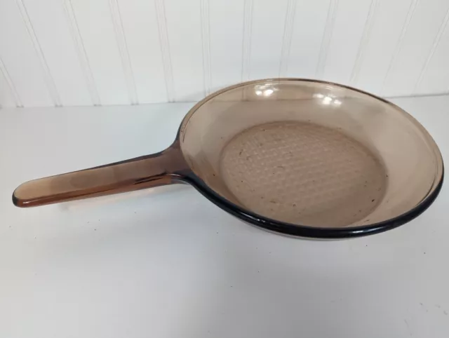 Corning Vision Ware Amber 9 In Glass Skillet Fry Pan Waffle Bottom France