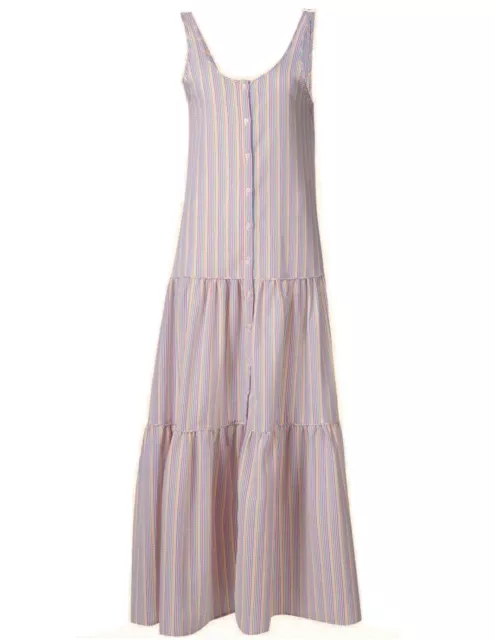 LISA MARIE FERNANDEZ Sleeveless Tiered Striped Seersucker Cotton Maxi Dress XS