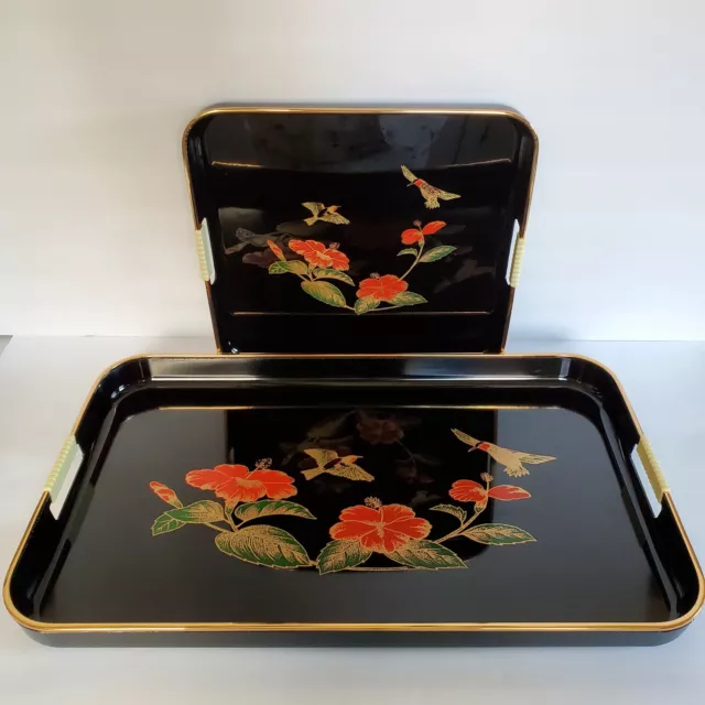 80's Lacquer Ware Nesting Serving Trays Hummingbirds Trumpet Flower Oriental Set
