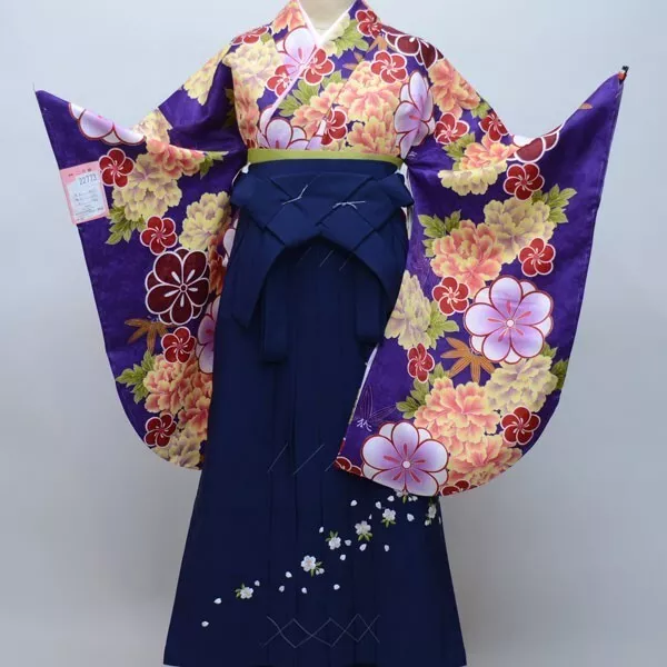 Furisode Kimono & Hakama & Obi sash set L Size Brand New Blue Gold Floral F/S