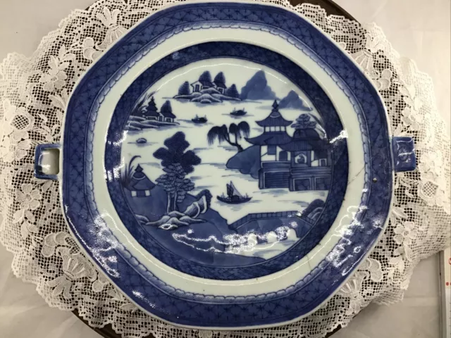 19th Century Chinese Export Canton Porcelain Blue + White Hot Water Warming Dish