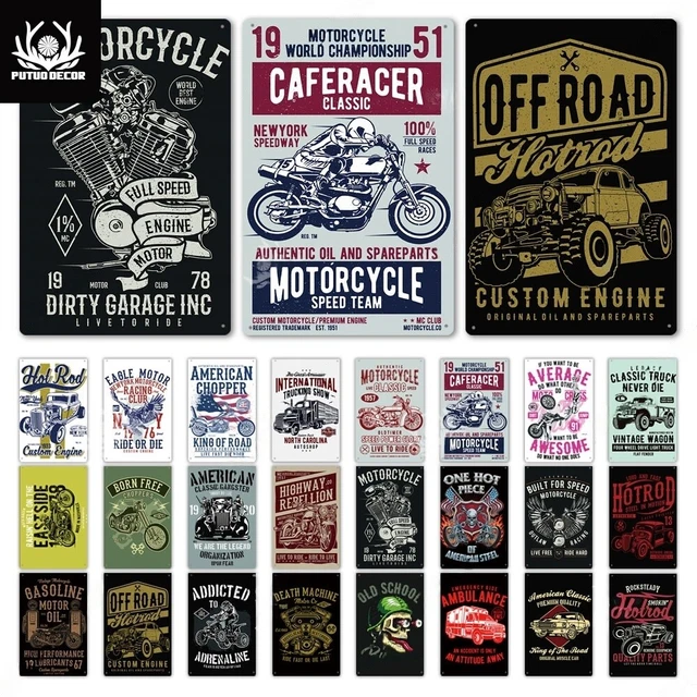 Motorcycle Hot Rod Car Retro Vintage Metal Tin Sign Wall Art Bar Garage Poster