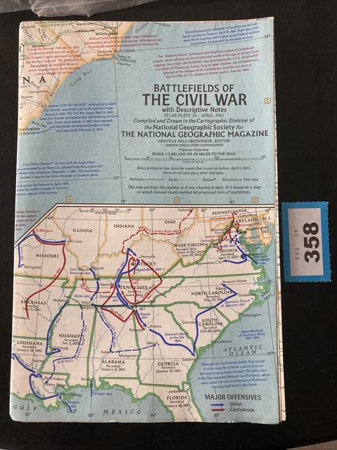 Vintage Map Battlefields of the Civil War 1961 National Geographic