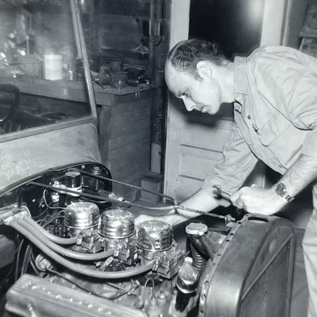 PG Photograph Bald Man With Wrench Working On Old Car Engine Artistic POV View