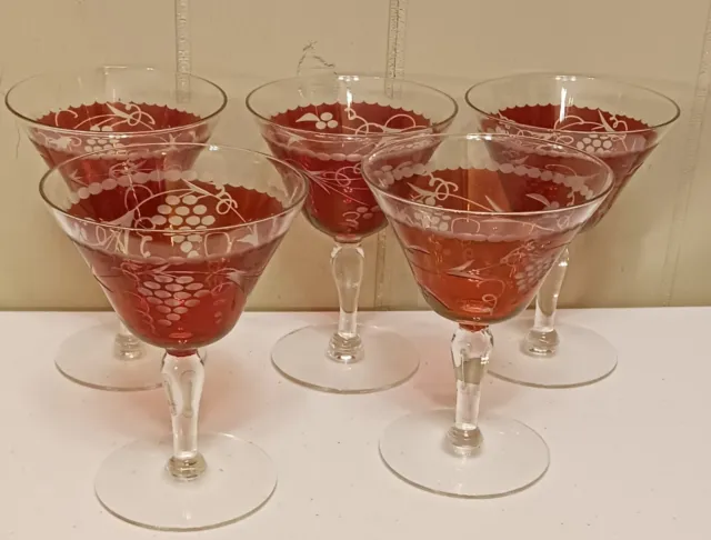 Etched Cranberry Cocktail Crystal Set Of 5 Glasses 5 X 3 7/8 Vintage Grapes