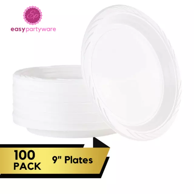 100 WHITE PLASTIC PLATES 9" 23cm Large Heavy Duty Microwave Safe Tableware Party