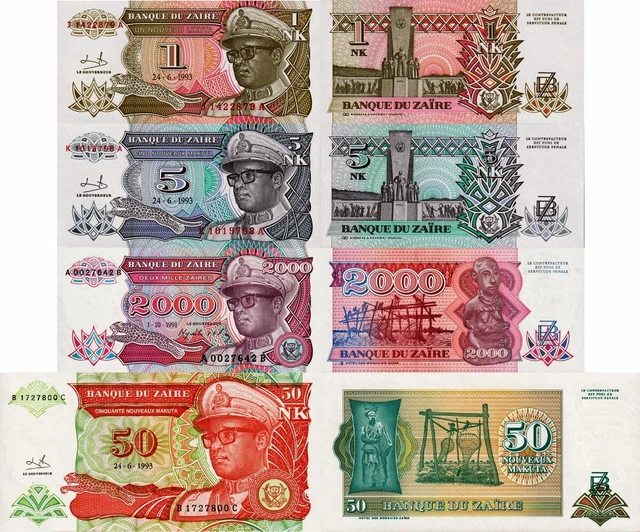 ZAIRE - Lot 4 1/5/50/2000 makuta/zaires FDS banknotes - UNC
