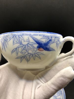 Antique Japanese Cup Saucer Set Of 2 Flow Blue Porcelain Hand painted Birds 5