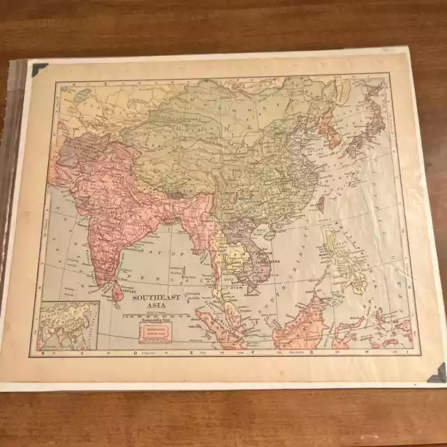 Antique 1907 Map of SOUTHEAST ASIA Color 10 x 12” FL5