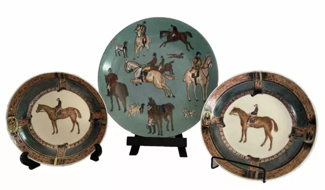 3 Equestrian Horse English Fox Hunt Dog Plates Hand Painted Horseback Riding