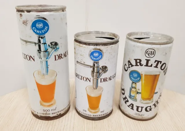 3x Vintage Carlton Draught 375ml, 370ml & 500ml Beer Cans Empty